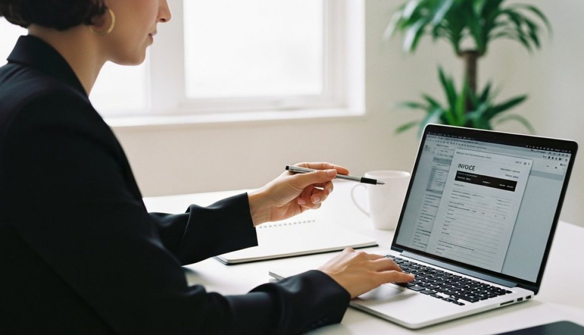 Editorial style photo, medium shot of a focused, competent-looking freelancer in their 30s at a clean, modern desk. They are looking at a laptop screen showing an invoice template, but the screen is slightly blurred. One hand is on the trackpad, the other holds a stylish pen, pointing towards the screen. The background is a minimalist office with a single plant, creating a sense of calm and control. Soft, natural light from a window. Shot on 35mm camera, depth of field, Kodak Portra 400 style, slight film grain, true-to-life colors.