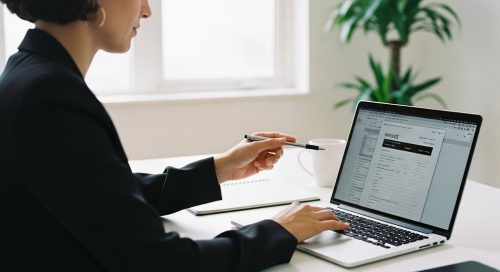Editorial style photo, medium shot of a focused, competent-looking freelancer in their 30s at a clean, modern desk. They are looking at a laptop screen showing an invoice template, but the screen is slightly blurred. One hand is on the trackpad, the other holds a stylish pen, pointing towards the screen. The background is a minimalist office with a single plant, creating a sense of calm and control. Soft, natural light from a window. Shot on 35mm camera, depth of field, Kodak Portra 400 style, slight film grain, true-to-life colors.