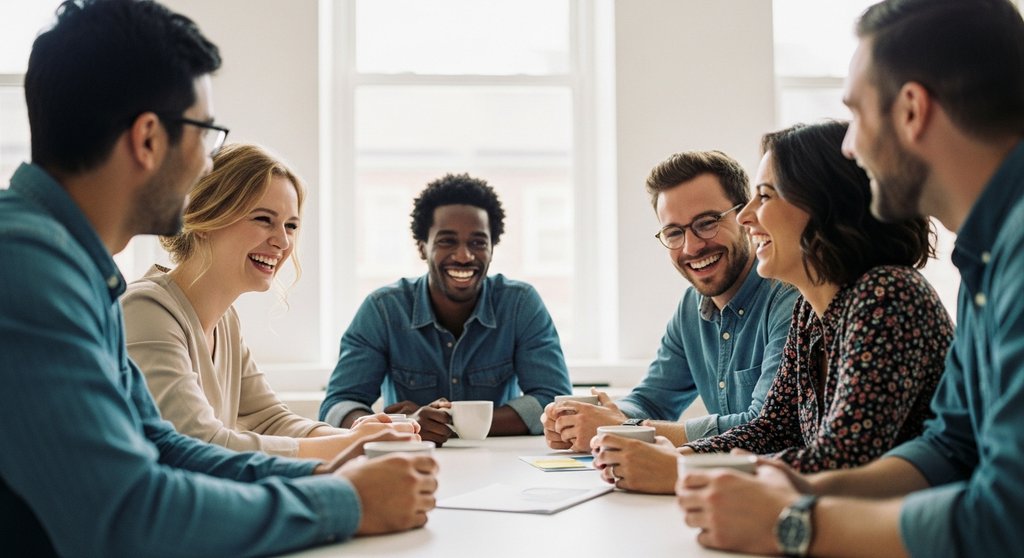 Ein diverses Marketing-Team in einer entspannten Pause, das eine positive Unternehmenskultur zeigt.