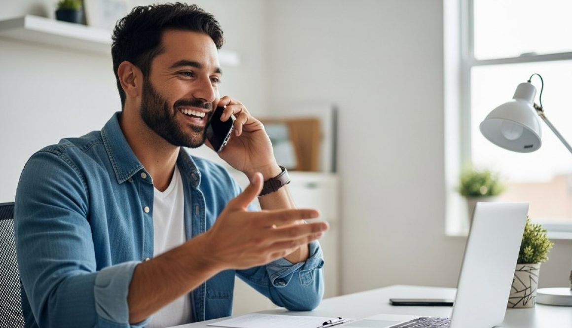 Ein Freelancer führt selbstbewusst ein erfolgreiches Verkaufsgespräch am Laptop.