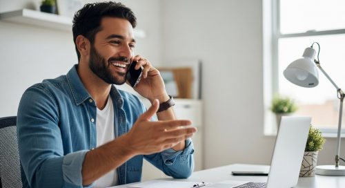 Ein Freelancer führt selbstbewusst ein erfolgreiches Verkaufsgespräch am Laptop.