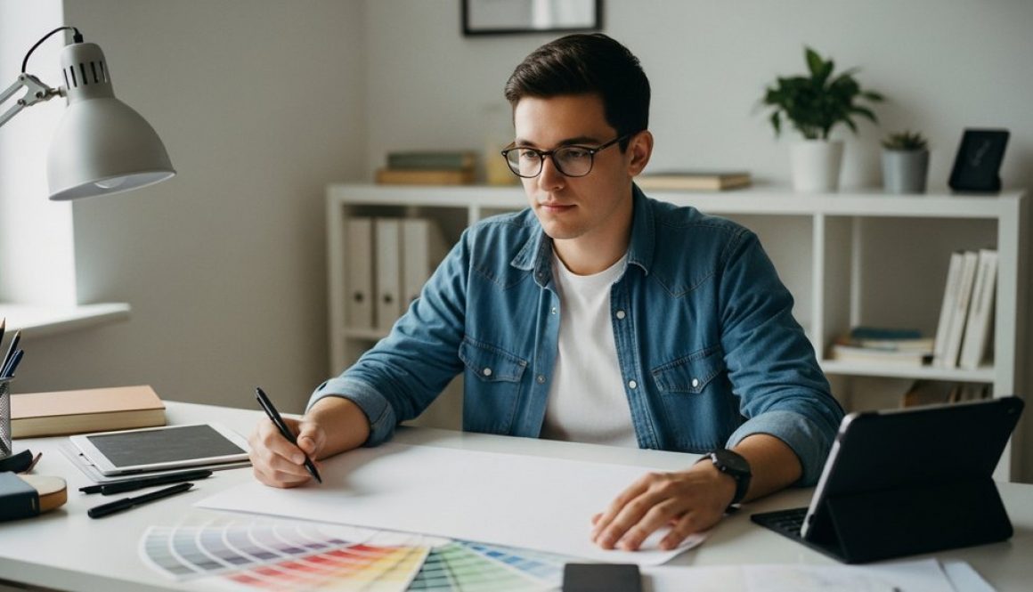 Ein Freelancer plant den Aufbau seines Portfolios ohne Kunden an einem aufgeräumten Schreibtisch.