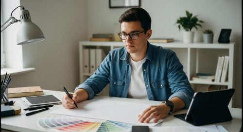 Ein Freelancer plant den Aufbau seines Portfolios ohne Kunden an einem aufgeräumten Schreibtisch.