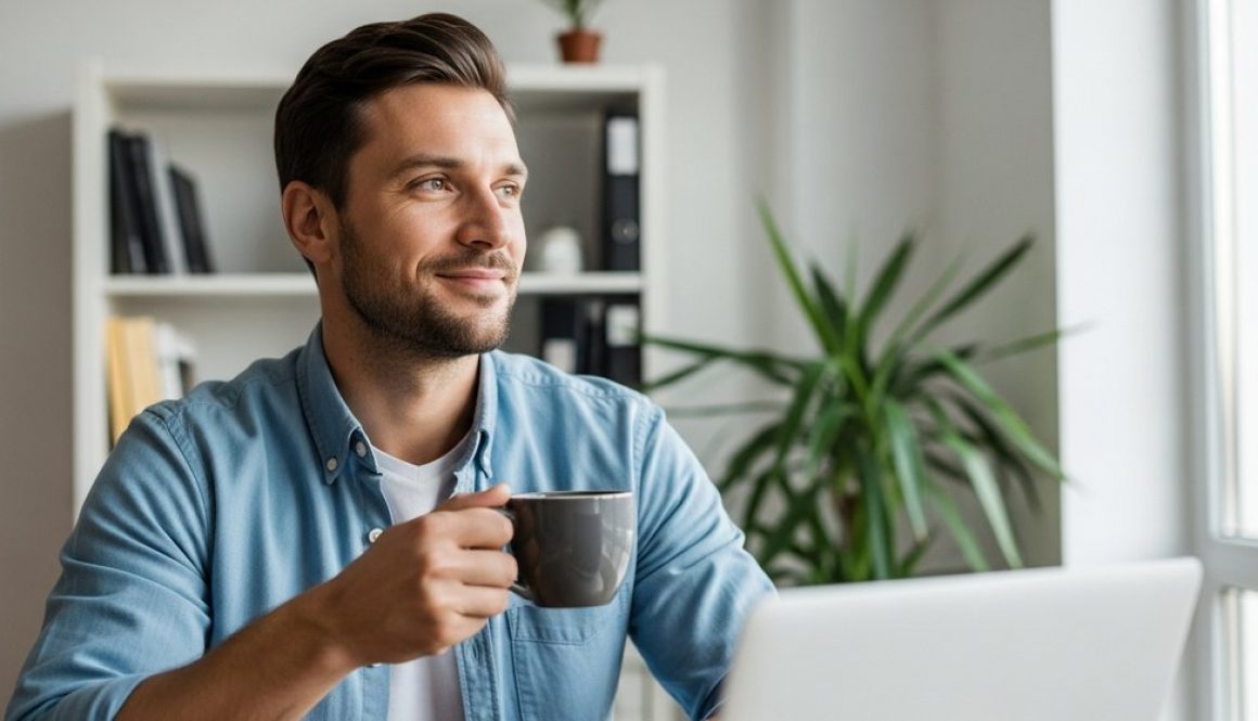 Ein Freelancer sitzt entspannt in seinem Büro und symbolisiert die finanzielle Sicherheit durch einen Retainer Vertrag.