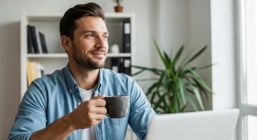 Ein Freelancer sitzt entspannt in seinem Büro und symbolisiert die finanzielle Sicherheit durch einen Retainer Vertrag.
