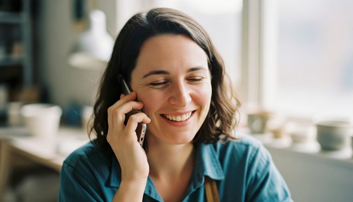 Ein Freelancer telefoniert lächelnd und gewinnt erfolgreich einen ehemaligen Kunden zurück.