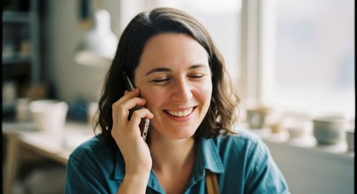 Ein Freelancer telefoniert lächelnd und gewinnt erfolgreich einen ehemaligen Kunden zurück.