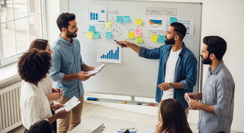 Ein Marketing-Team bei der kollaborativen Strategieplanung, ein wichtiger Teil des Onboardings.