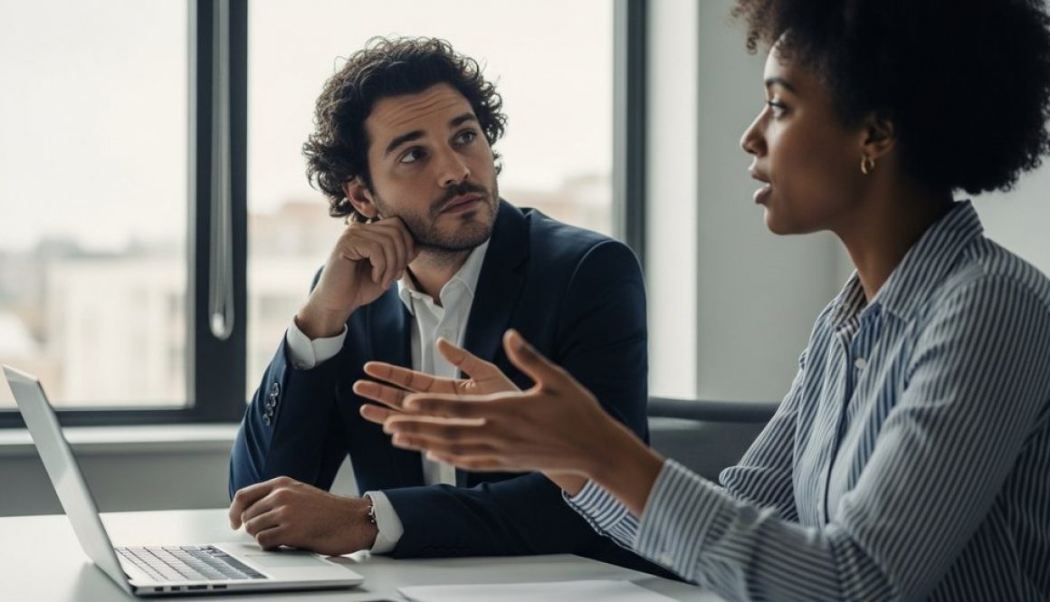 Ein Personaler führt ein intensives SEO-Bewerbungsgespräch mit einem Kandidaten in einem modernen Büro.