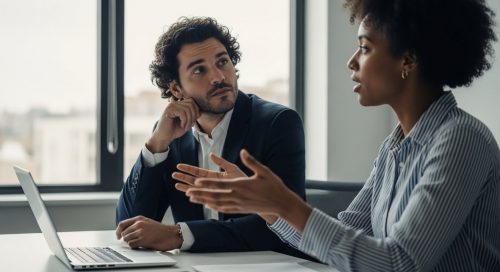 Ein Personaler führt ein intensives SEO-Bewerbungsgespräch mit einem Kandidaten in einem modernen Büro.