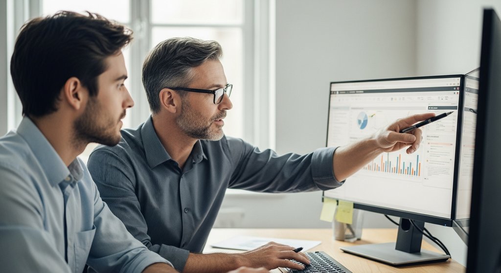 Ein Senior SEO Manager erklärt einem Junior Kollegen eine komplexe Datenanalyse am Bildschirm.