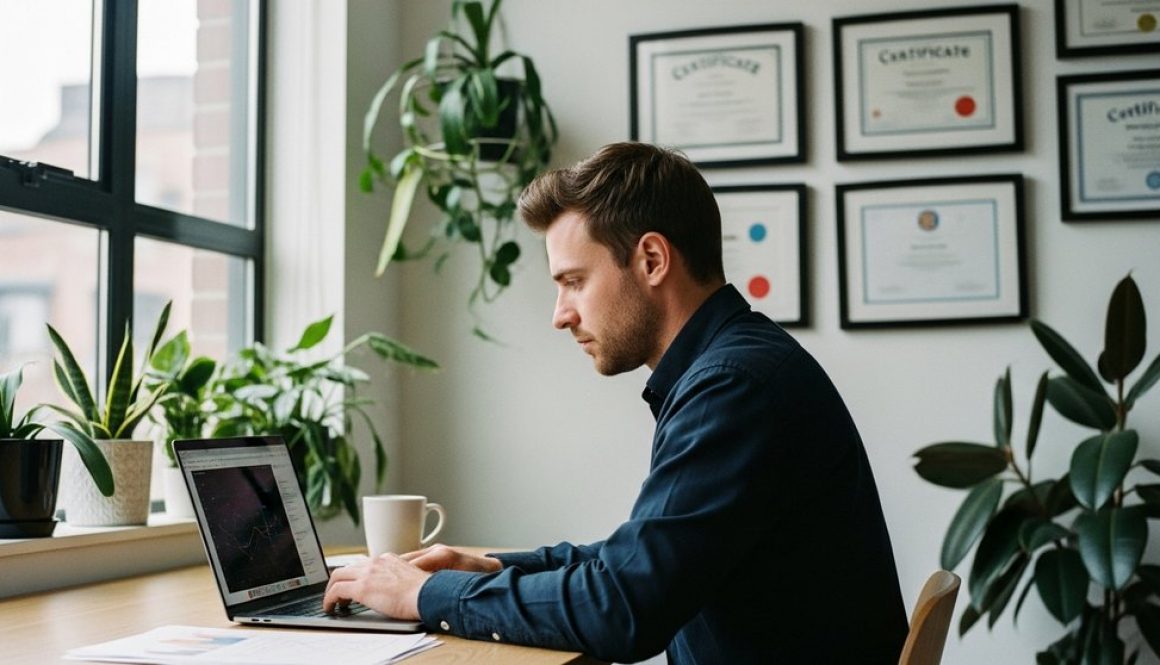 Ein SEO-Experte arbeitet konzentriert am Laptop; im Hintergrund hängen unscharf SEO Zertifizierungen.