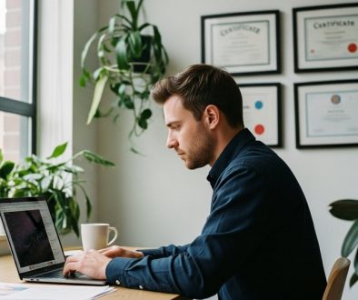 Ein SEO-Experte arbeitet konzentriert am Laptop; im Hintergrund hängen unscharf SEO Zertifizierungen.