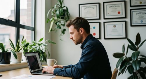 Ein SEO-Experte arbeitet konzentriert am Laptop; im Hintergrund hängen unscharf SEO Zertifizierungen.