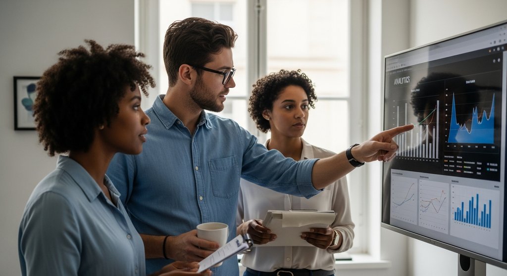 Ein SEO-Team bespricht in einem Meeting die Ergebnisse der SEO-Qualitätssicherung.