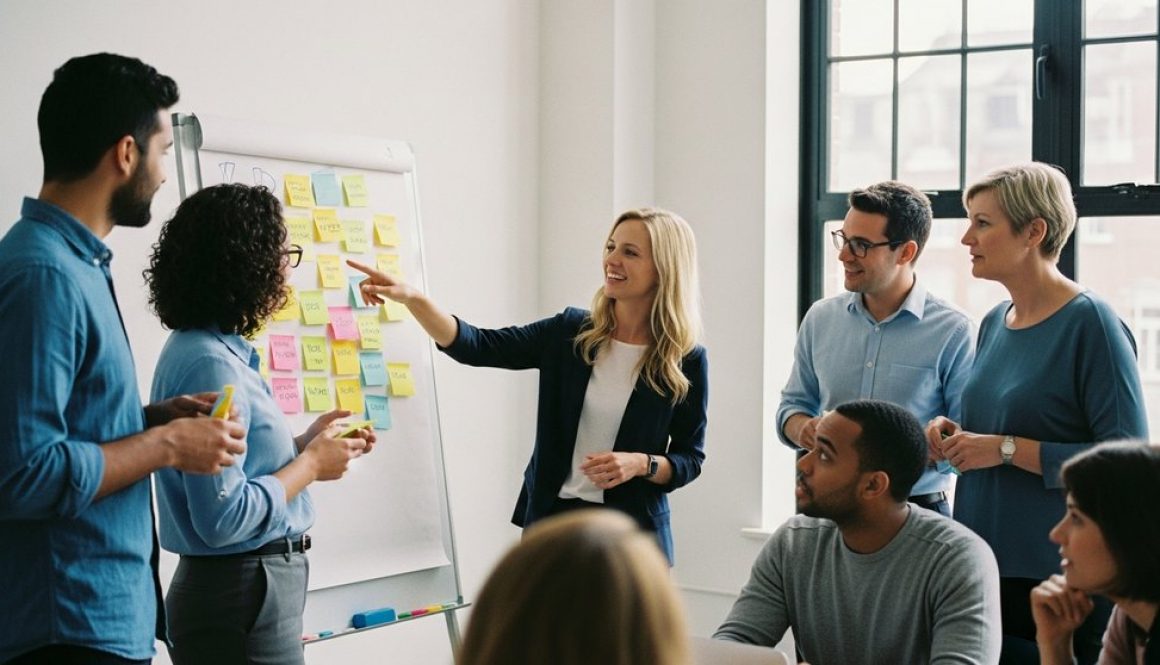 Ein Team arbeitet engagiert in einem Workshop an einem Whiteboard mit bunten Haftnotizen.
