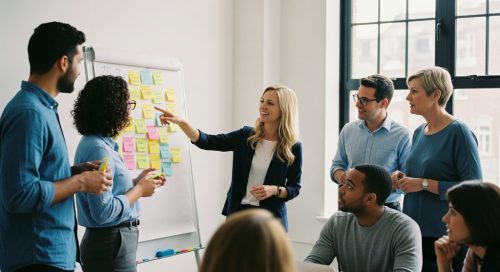 Ein Team arbeitet engagiert in einem Workshop an einem Whiteboard mit bunten Haftnotizen.
