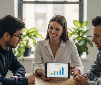 Ein Team bespricht in einem Meeting eine Skill Matrix auf einem Tablet.