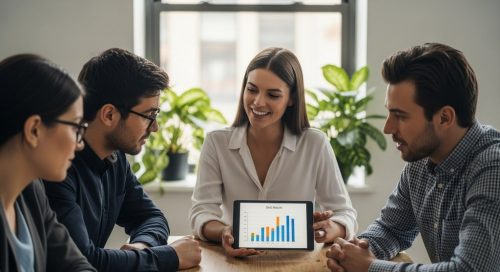 Ein Team bespricht in einem Meeting eine Skill Matrix auf einem Tablet.