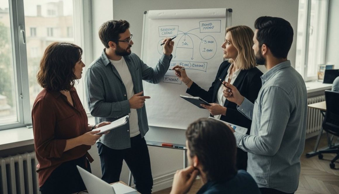 Ein Team diskutiert engagiert vor einem Whiteboard und demonstriert eine aktive Lernkultur im Unternehmen.