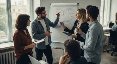 Ein Team diskutiert engagiert vor einem Whiteboard und demonstriert eine aktive Lernkultur im Unternehmen.
