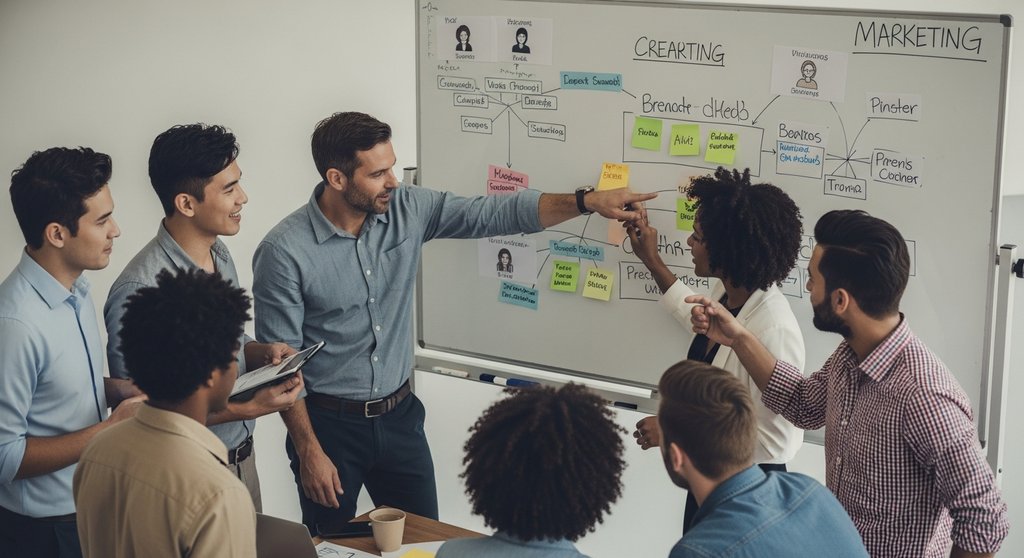 Ein Team entwickelt in einem Workshop eine Akquise-Strategie auf einem Whiteboard.