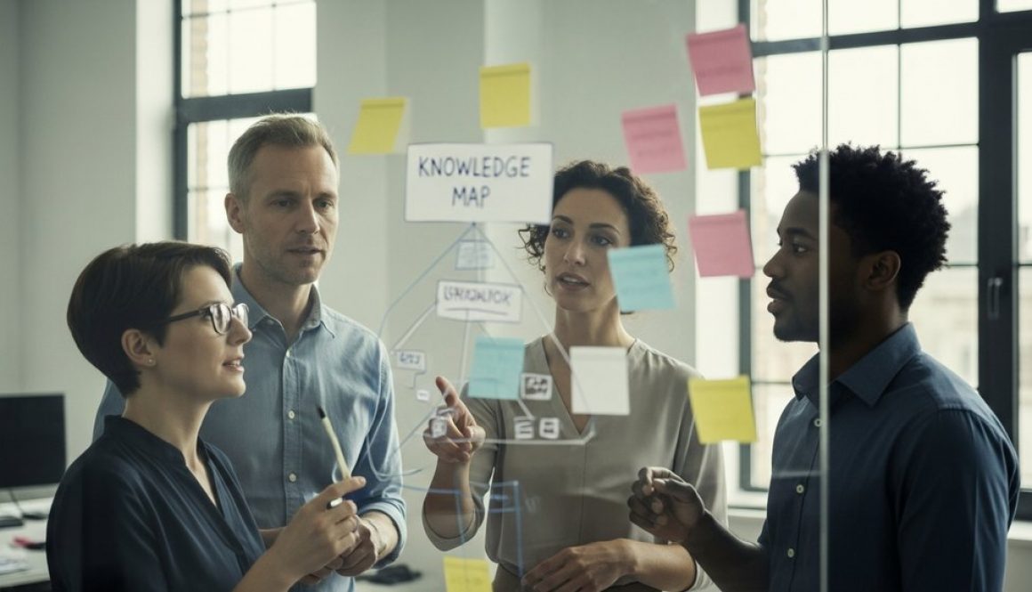 Ein Team von Experten arbeitet an einer Wissenlandkarte im Rahmen des Wissensmanagements im Unternehmen.