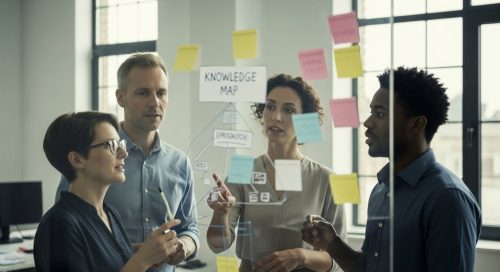 Ein Team von Experten arbeitet an einer Wissenlandkarte im Rahmen des Wissensmanagements im Unternehmen.