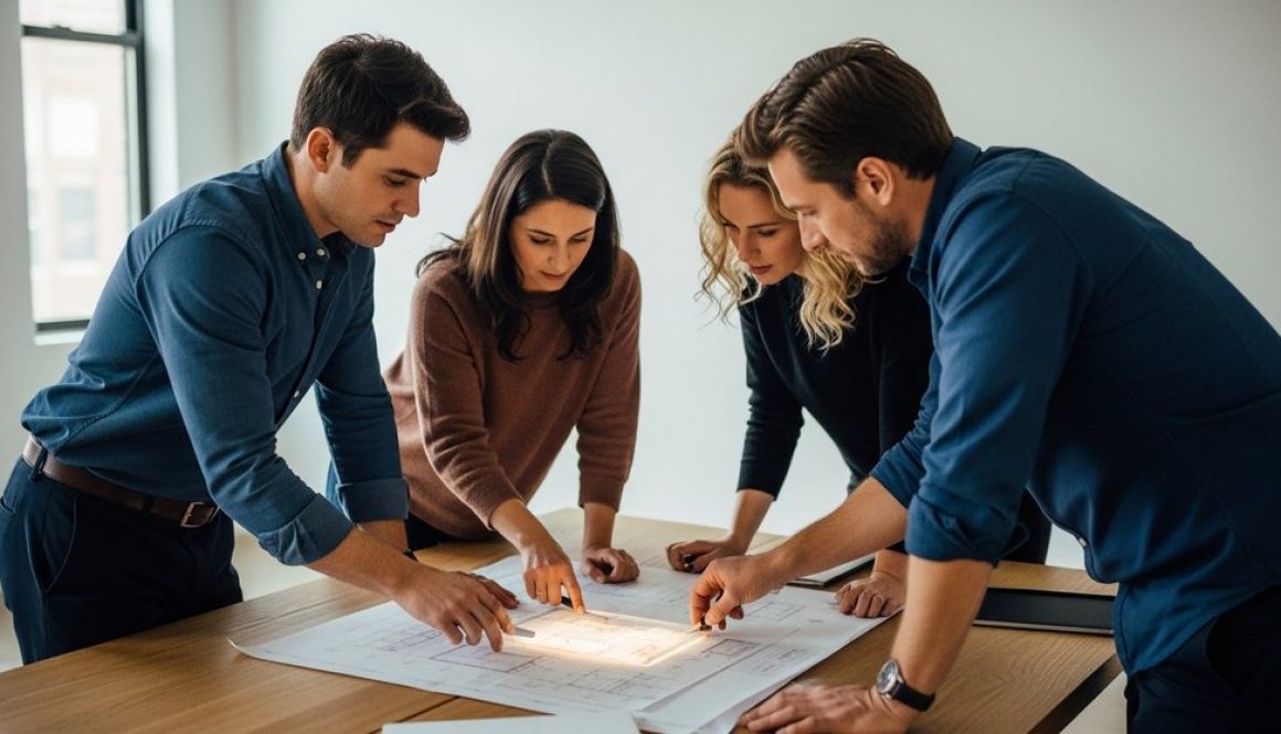 Ein Team von Experten erstellt gemeinsam ein Schulungskonzept in einem modernen Büro.