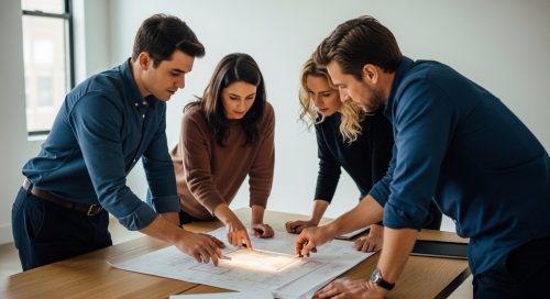 Ein Team von Experten erstellt gemeinsam ein Schulungskonzept in einem modernen Büro.