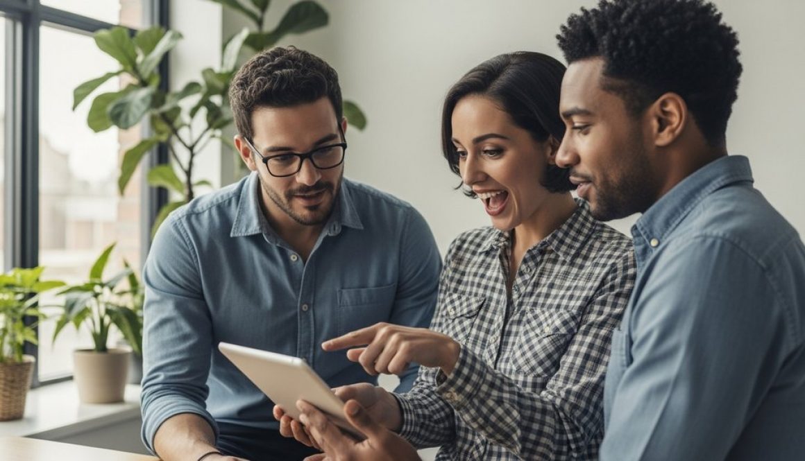 Ein Team von Mitarbeitern diskutiert engagiert über Lerninhalte auf einer Lernplattform.