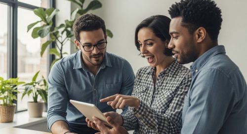Ein Team von Mitarbeitern diskutiert engagiert über Lerninhalte auf einer Lernplattform.