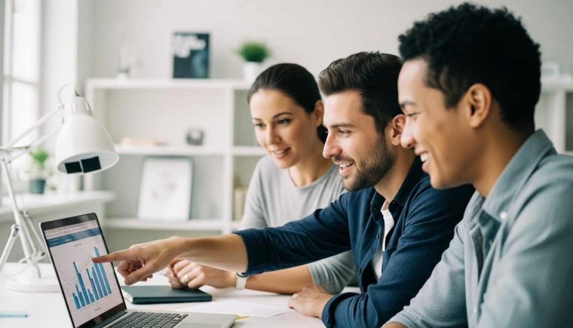 Ein Team von Mitarbeitern in einer SEO Weiterbildung analysiert gemeinsam Daten am Laptop.