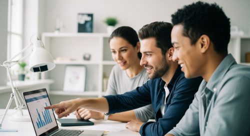 Ein Team von Mitarbeitern in einer SEO Weiterbildung analysiert gemeinsam Daten am Laptop.