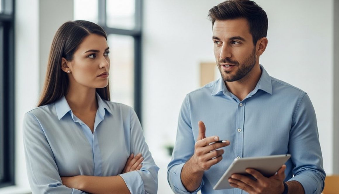 Ein Vertriebsmitarbeiter im Gespräch mit einer Kundin, der die Einwandbehandlung im Vertrieb souverän meistert.