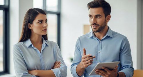 Ein Vertriebsmitarbeiter im Gespräch mit einer Kundin, der die Einwandbehandlung im Vertrieb souverän meistert.