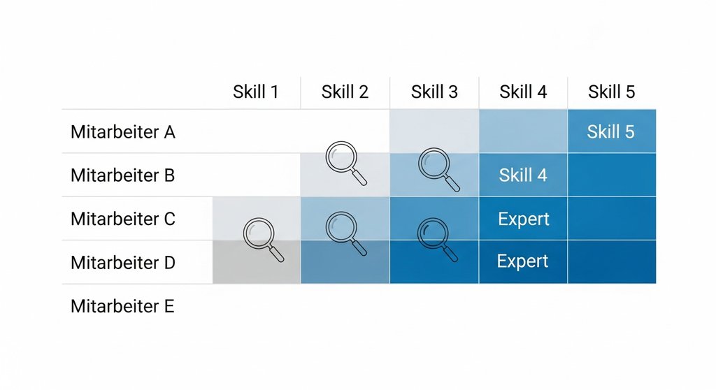 Eine beispielhafte Skill Matrix Vorlage in Excel mit farblicher Kodierung der Kompetenzlevel.