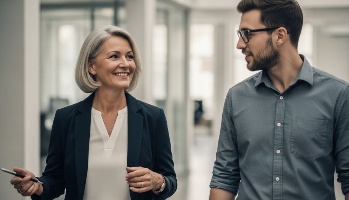Eine erfahrene Mentorin im Gespräch mit einem jungen Mitarbeiter in einem modernen Büro.
