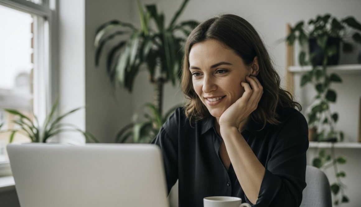 Eine erfolgreiche Freelancerin plant ihre E-Mail-Marketing-Kampagne am Laptop.