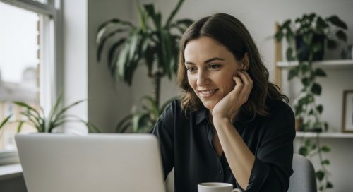 Eine erfolgreiche Freelancerin plant ihre E-Mail-Marketing-Kampagne am Laptop.