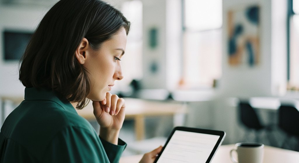 Eine Freelancerin bereitet sich durch intensive Recherche auf ein Verkaufsgespräch vor.