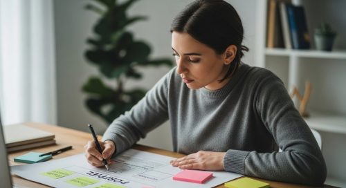 Eine Freelancerin definiert konzentriert einen Kundenavatar an ihrem Schreibtisch.