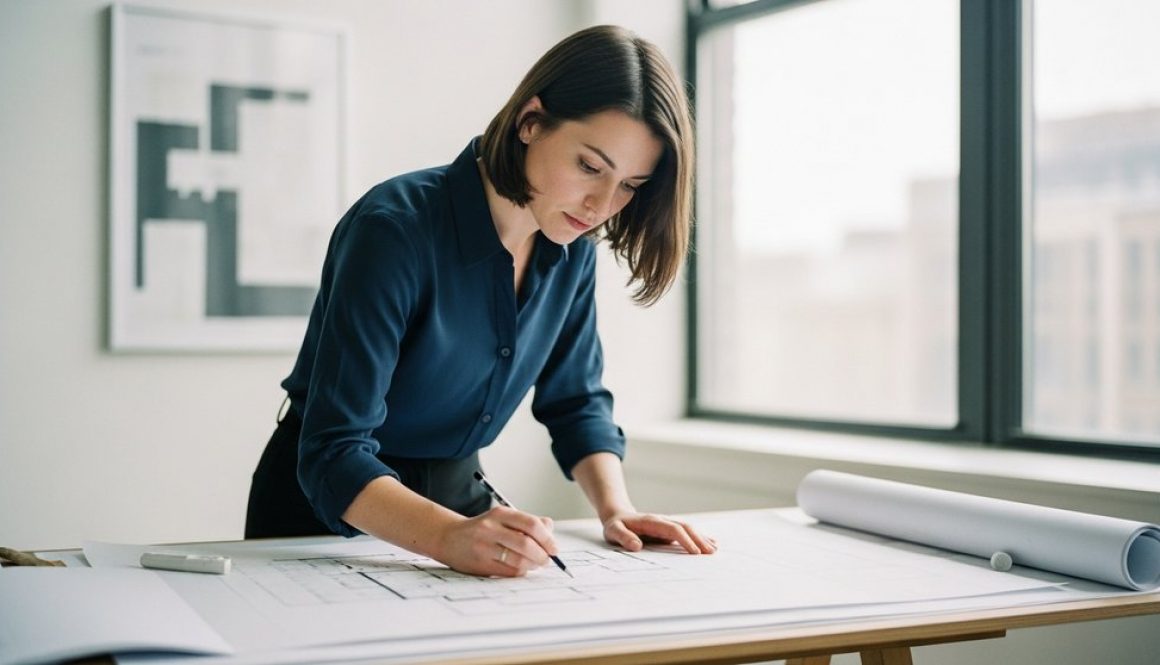 Eine Freelancerin entwickelt konzentriert ihre Akquise-Strategie auf einem Blatt Papier.