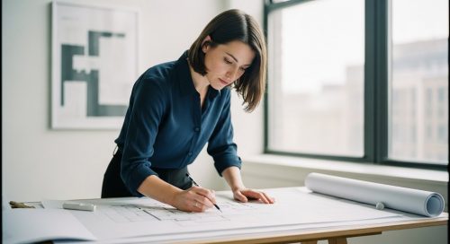 Eine Freelancerin entwickelt konzentriert ihre Akquise-Strategie auf einem Blatt Papier.