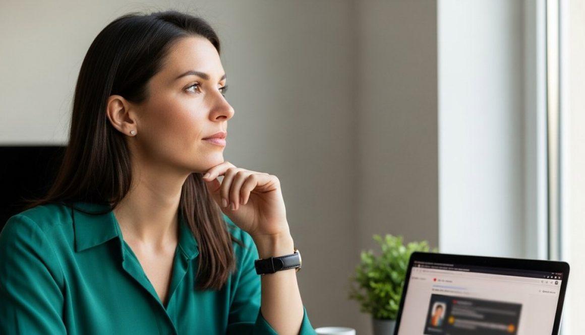 Eine Freelancerin plant ihre Social Selling Strategie am Laptop für eine erfolgreiche Kundenakquise.