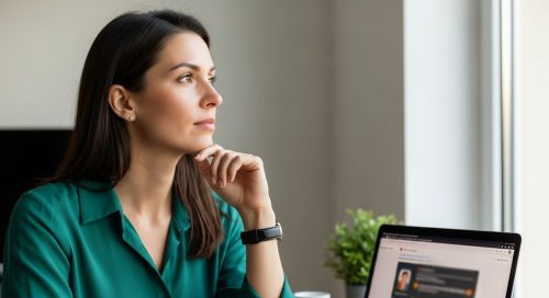 Eine Freelancerin plant ihre Social Selling Strategie am Laptop für eine erfolgreiche Kundenakquise.