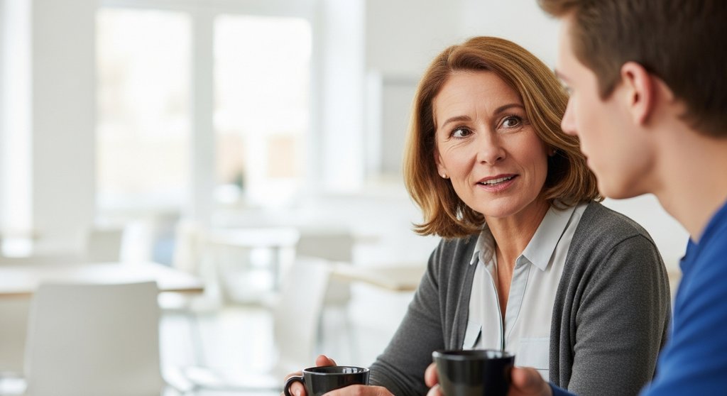 Eine Führungskraft fördert die Lernkultur durch aktives Zuhören in einem Gespräch mit einem Mitarbeiter.