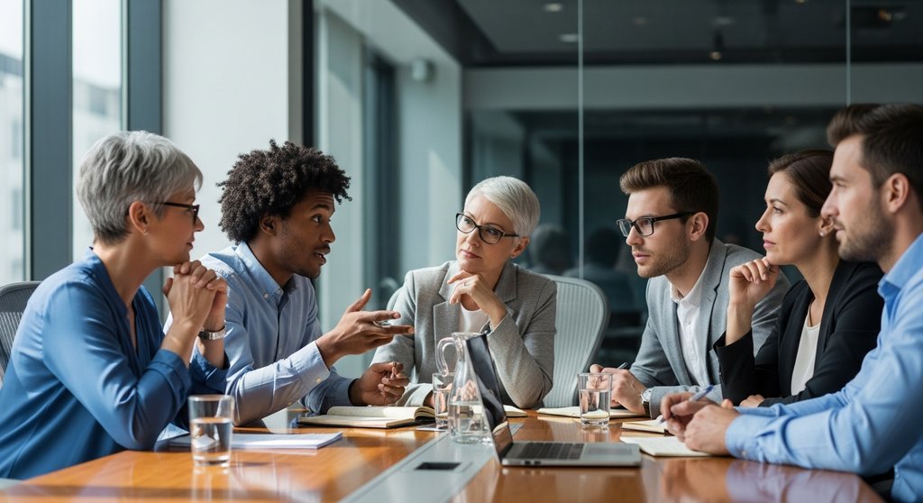 Eine Gruppe von Mitarbeitern in einer konstruktiven Diskussionsrunde im Büro.