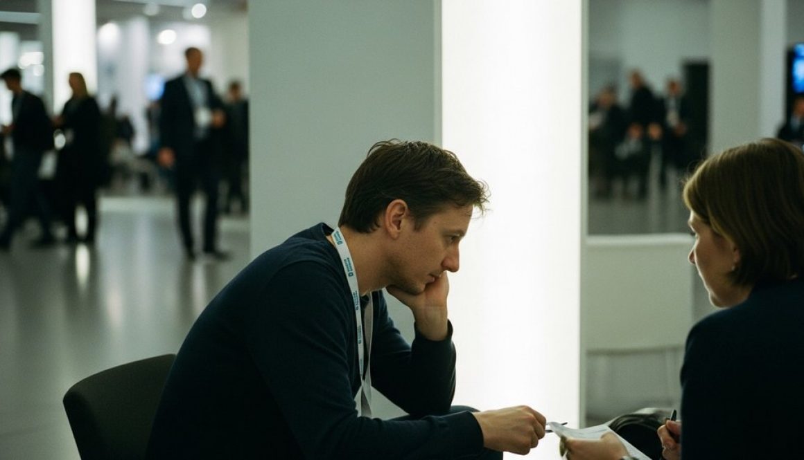 Eine introvertierte Person führt ein konzentriertes Gespräch auf einem Networking-Event.