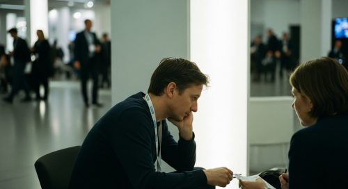 Eine introvertierte Person führt ein konzentriertes Gespräch auf einem Networking-Event.